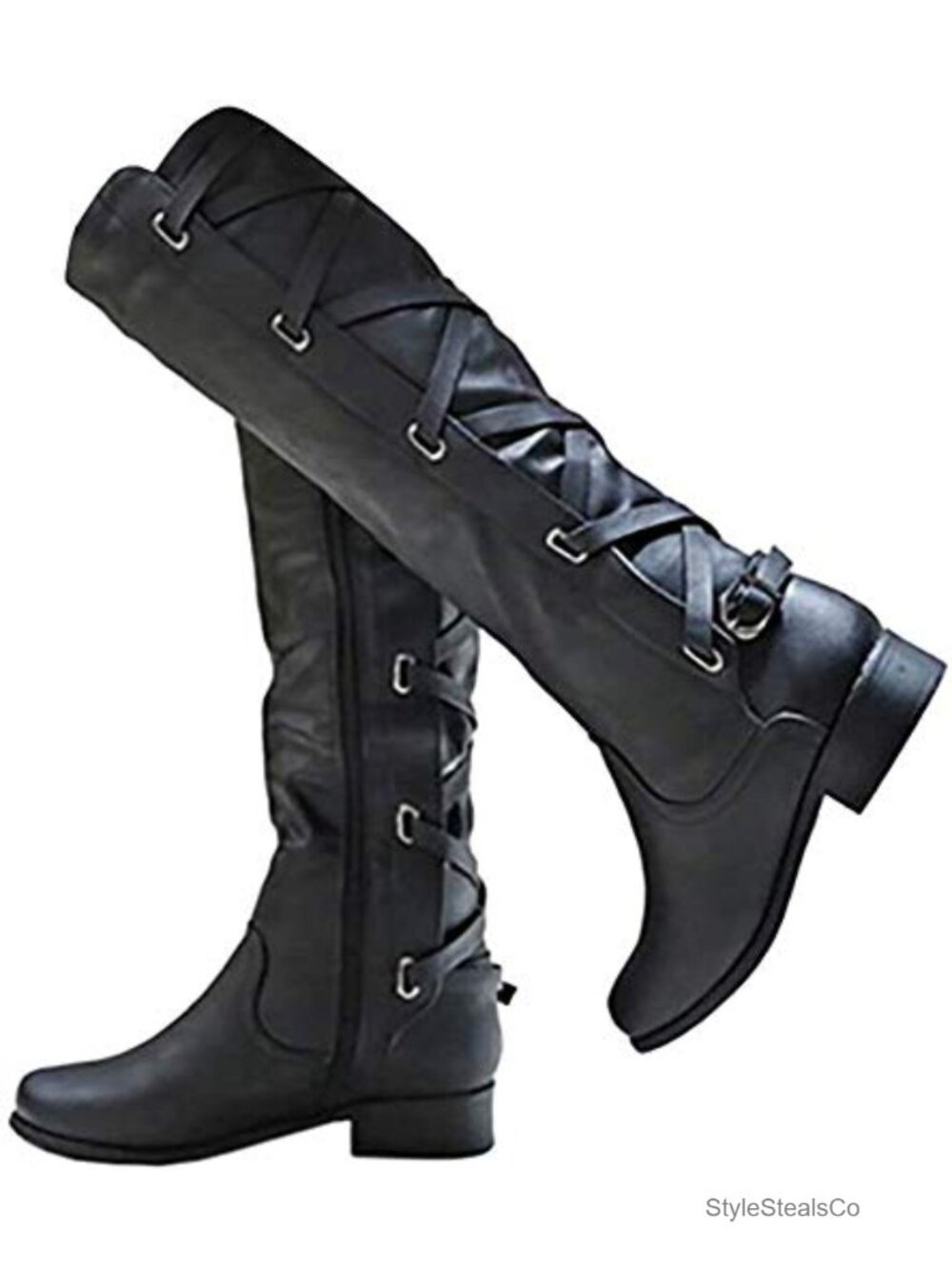 Lace Up Knee High Motorcycle Boots Faux Leather Block Heel